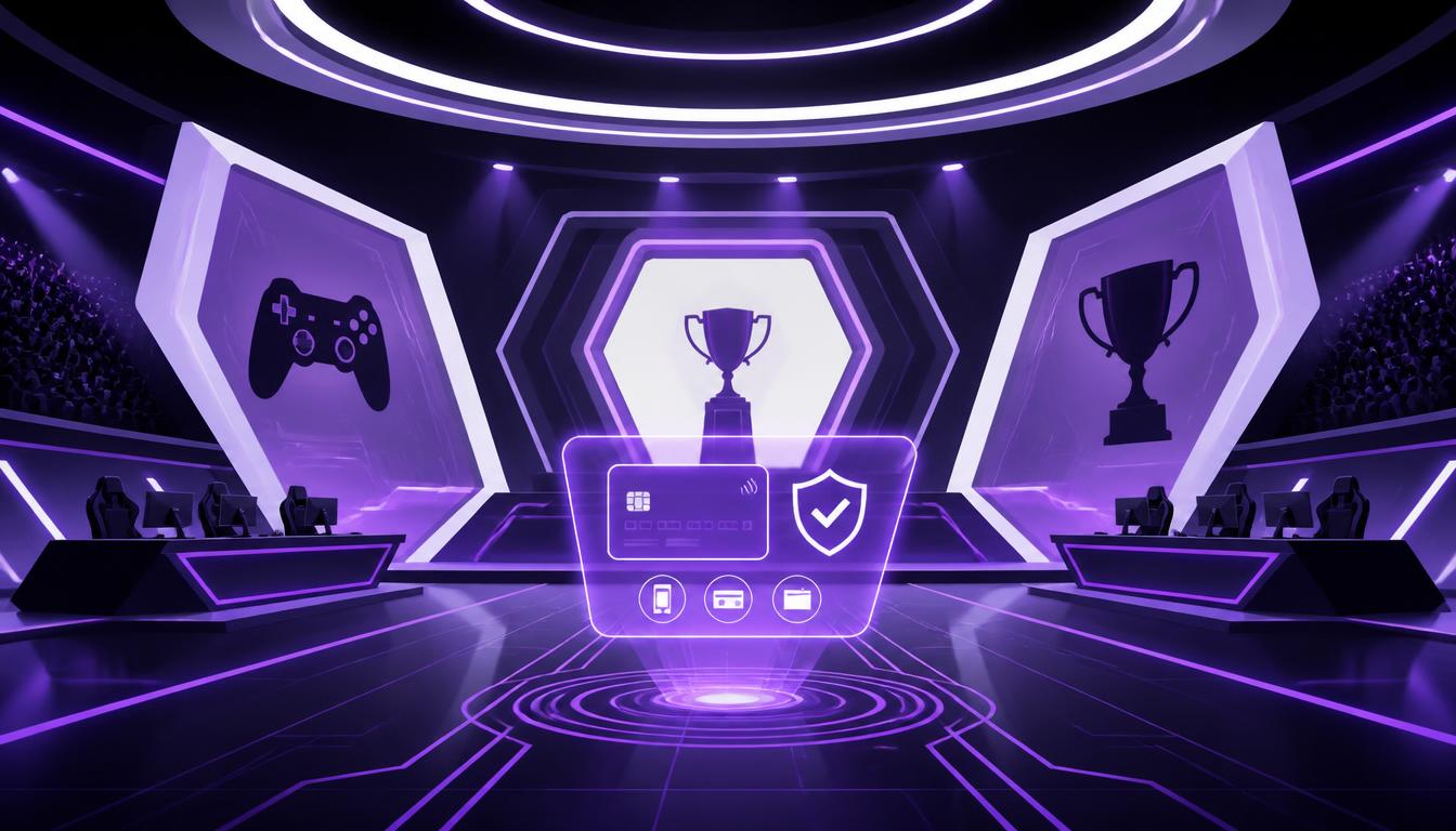 Arena e-sports ilustrativa com interface de pagamento digital roxa